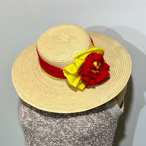 Ladies Summer 100% palm leaves hat, handcrafted, red yellow fantasy flower 53 main image 5